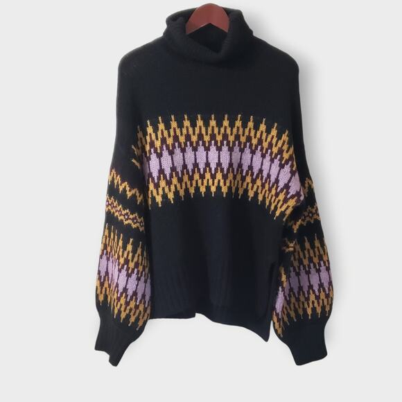 A.L.C. Sweaters - A.L.C. Tracey Fair Isle Sweater Oversized Alpaca Turtleneck Blk Bordeaux Sz Med
